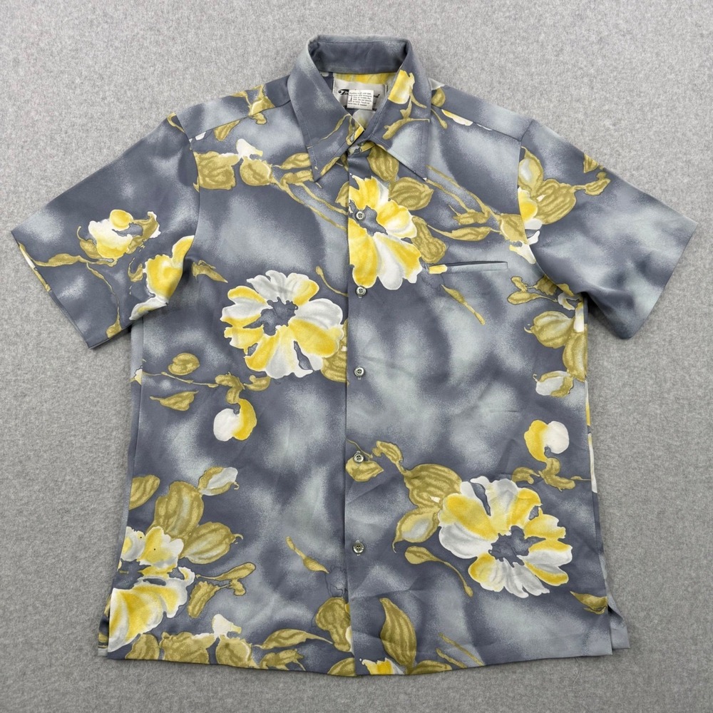 Vintage‎ Tori Richard Shirt Mens Medium Gray Yellow Floral Hawaiian 70s USA Made